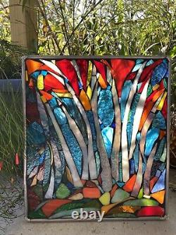 Stained Glass Autumn Trees Mosaic Window Suncatcher Panel Transom OOAK