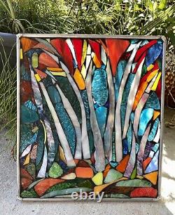 Stained Glass Autumn Trees Mosaic Window Suncatcher Panel Transom OOAK