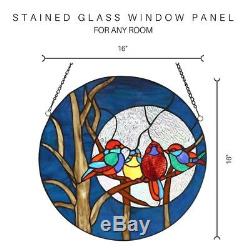Stained Glass Birds & Moon Window Panel 16 Diameter Round Tiffany Style