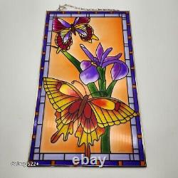 Stained Glass Butterfly Iris Panel Handcrafted Etched Hanging Art Decor Garden