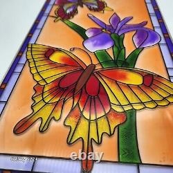 Stained Glass Butterfly Iris Panel Handcrafted Etched Hanging Art Decor Garden