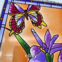 Stained Glass Butterfly Iris Panel Handcrafted Etched Hanging Art Decor Garden