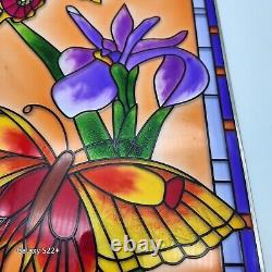 Stained Glass Butterfly Iris Panel Handcrafted Etched Hanging Art Decor Garden