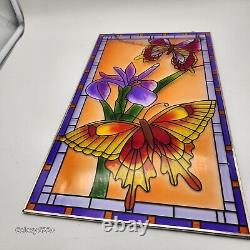 Stained Glass Butterfly Iris Panel Handcrafted Etched Hanging Art Decor Garden