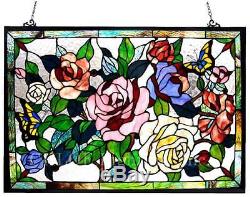 Stained Glass Chloe Lighting Butterfly & Roses Window Panel 27 X 19 Handcrafted