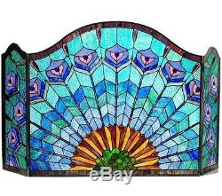 Stained Glass Chloe Lighting Peacock 3 Panel Folding Fireplace Screen 48 New