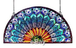 Stained Glass Chloe Lighting Peacock Feather Window Panel 35 x 18 Handcrafted