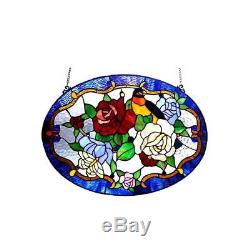 Stained Glass Chloe Lighting Roses & Bird Window Panel CH1P513RF24-GPN 24 X 18