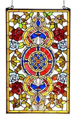 Stained Glass Chloe Lighting Victorian Red And Blue Roses Window Panel 20 X 32