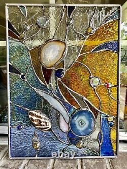 Stained Glass Contemporary Abstract Panel Suncatcher with Brazilian Agate