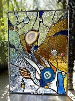 Stained Glass Contemporary Abstract Panel Suncatcher with Brazilian Agate