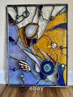 Stained Glass Contemporary Abstract Panel Suncatcher with Brazilian Agate