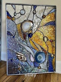 Stained Glass Contemporary Abstract Panel Suncatcher with Brazilian Agate