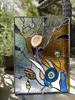 Stained Glass Contemporary Abstract Panel Suncatcher with Brazilian Agate