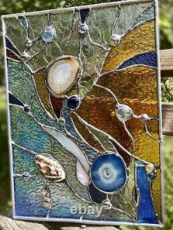 Stained Glass Contemporary Abstract Panel Suncatcher with Brazilian Agate