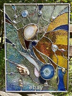 Stained Glass Contemporary Abstract Panel Suncatcher with Brazilian Agate