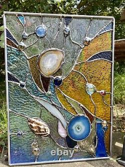 Stained Glass Contemporary Abstract Panel Suncatcher with Brazilian Agate