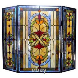Stained Glass Decorative 3-Panel Fireplace Screen Tiffany Style Victorian Theme