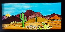 Stained Glass Desert Scene Saguaro Tucson 37 W X 16 1/2 H Framed Window Panel