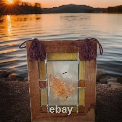 Stained Glass Dried Floral Hanging Panel Amber Textured & Clear Glass 16 X 13