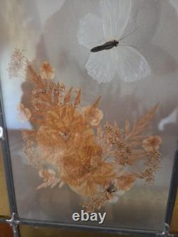 Stained Glass Dried Floral Hanging Panel Amber Textured & Clear Glass 16 X 13