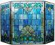 Stained Glass Fireplace Screen Decorative Three Panel Mission Tiffany Style BLUE