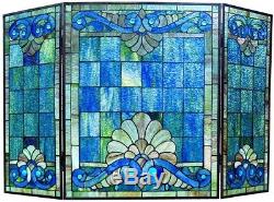 Stained Glass Fireplace Screen Decorative Three Panel Mission Tiffany Style BLUE