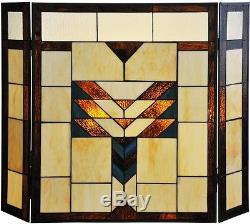 Stained Glass Fireplace Screen Decorative Three Panel Mission Tiffany Style NEW