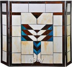 Stained Glass Fireplace Screen Decorative Three Panel Mission Tiffany Style NEW
