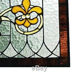 Stained Glass Fleur De Lis Pub Window Transom Panel Tiffany Style 30 L x 14 H