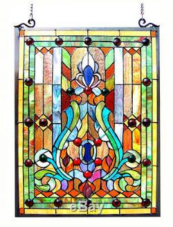 Stained Glass Fleur de Lis Victorian Tiffany Style Window Panel ONE THIS PRICE