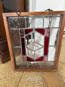 Stained Glass Floral Hanging Panel Red & Textured Clear Glass 17 X 14 X 2 Vtg