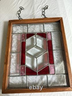 Stained Glass Floral Hanging Panel Red & Textured Clear Glass 17 X 14 X 2 Vtg