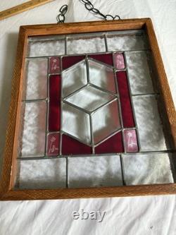 Stained Glass Floral Hanging Panel Red & Textured Clear Glass 17 X 14 X 2 Vtg