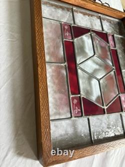 Stained Glass Floral Hanging Panel Red & Textured Clear Glass 17 X 14 X 2 Vtg