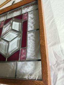Stained Glass Floral Hanging Panel Red & Textured Clear Glass 17 X 14 X 2 Vtg