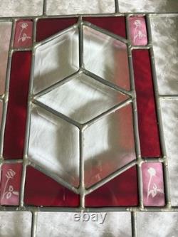 Stained Glass Floral Hanging Panel Red & Textured Clear Glass 17 X 14 X 2 Vtg