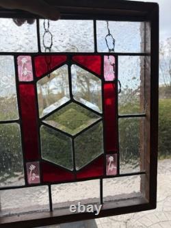 Stained Glass Floral Hanging Panel Red & Textured Clear Glass 17 X 14 X 2 Vtg