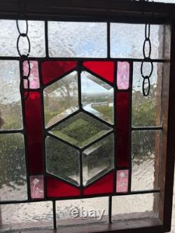 Stained Glass Floral Hanging Panel Red & Textured Clear Glass 17 X 14 X 2 Vtg