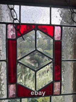Stained Glass Floral Hanging Panel Red & Textured Clear Glass 17 X 14 X 2 Vtg