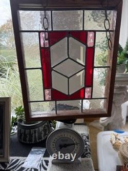 Stained Glass Floral Hanging Panel Red & Textured Clear Glass 17 X 14 X 2 Vtg