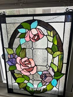 Stained Glass Floral Suncatcher Window Panel, Multicolor Rose Design