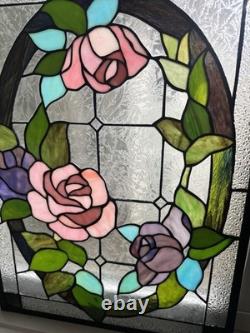 Stained Glass Floral Suncatcher Window Panel, Multicolor Rose Design