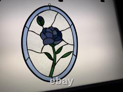 Stained Glass Flower Suncatcher Window Panel Blue Green Clear Floral Decorative