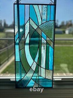 Stained Glass Hand Made Blue White Abstract Modernist Piece Large Panel 25 X 12