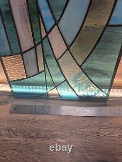 Stained Glass Hand Made Blue White Abstract Modernist Piece Large Panel 25 X 12