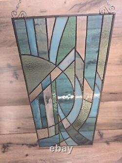 Stained Glass Hand Made Blue White Abstract Modernist Piece Large Panel 25 X 12
