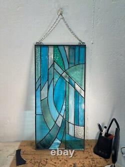 Stained Glass Hand Made Blue White Abstract Modernist Piece Large Panel 25 X 12