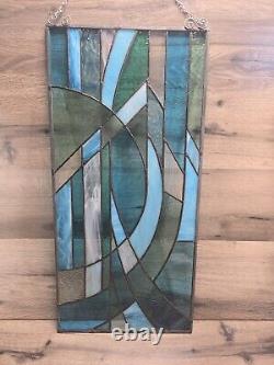 Stained Glass Hand Made Blue White Abstract Modernist Piece Large Panel 25 X 12