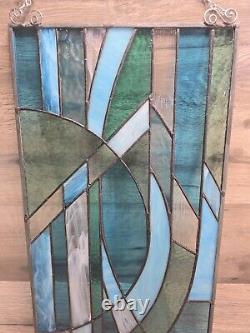 Stained Glass Hand Made Blue White Abstract Modernist Piece Large Panel 25 X 12